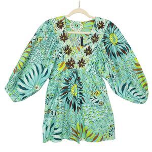 KAS DESIGNS Blue Brown Floral Embroidery Balloon Sleeve Babydoll Top SIZE MEDIUM